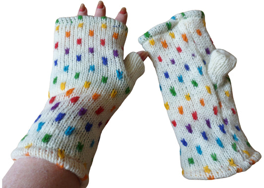 Main image of fingerless tube gloves or wrist warmers. Fleece lined soft white wool with flecks of rainbow colour.