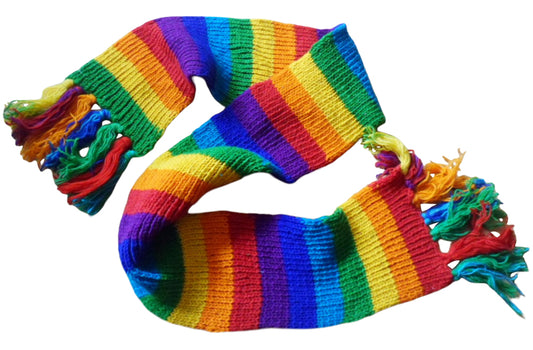 Main image of rainbow striped wool scarf with tassels. Hand knitted in Nepal.