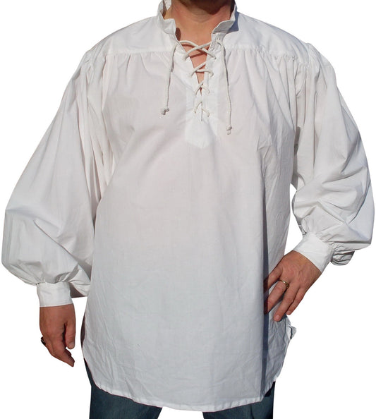 Main image of medium weight white colour cotton kurta with grandad collar, lace up neckline & side splits. Gathered cuffs with wide sleeves and coconut button fastening. A gathered front & back yolk gives the shirt a voluminous finish in keeping with the style. Generous sizing for a loose fit.
