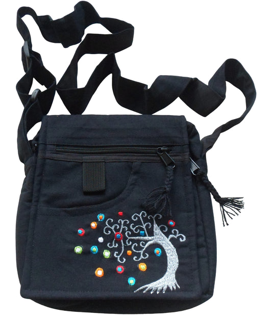 Main image – Handmade Black Tree of Life Design Shoulder Bag. Other colours available. Hand embroidered with colourful thread. 