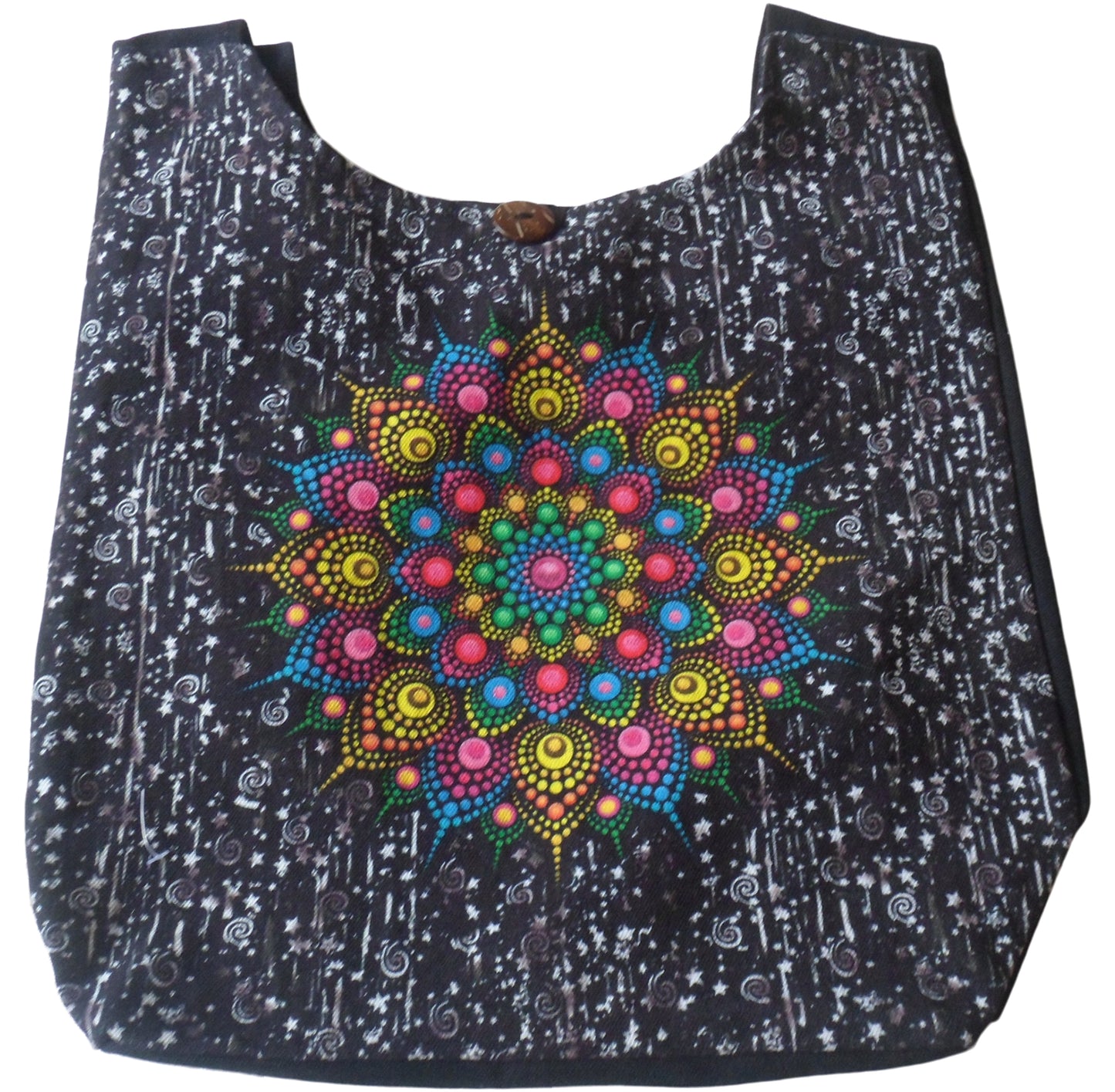 Black Cotton Shoulder Bag with Rainbow Mandala Screen Print