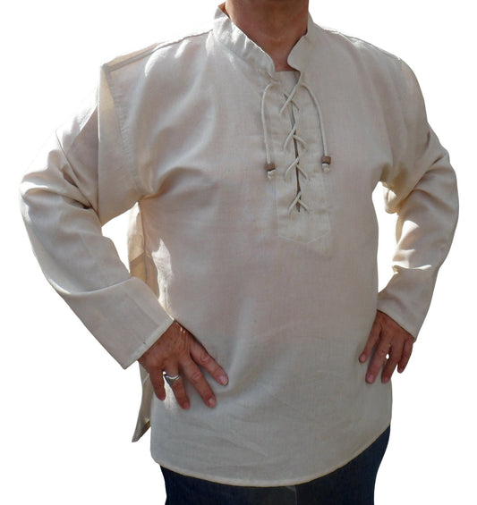 Main image of pre-washed light weight oatmeal colour cotton kurta with grandad collar, lace up neckline & side splits.