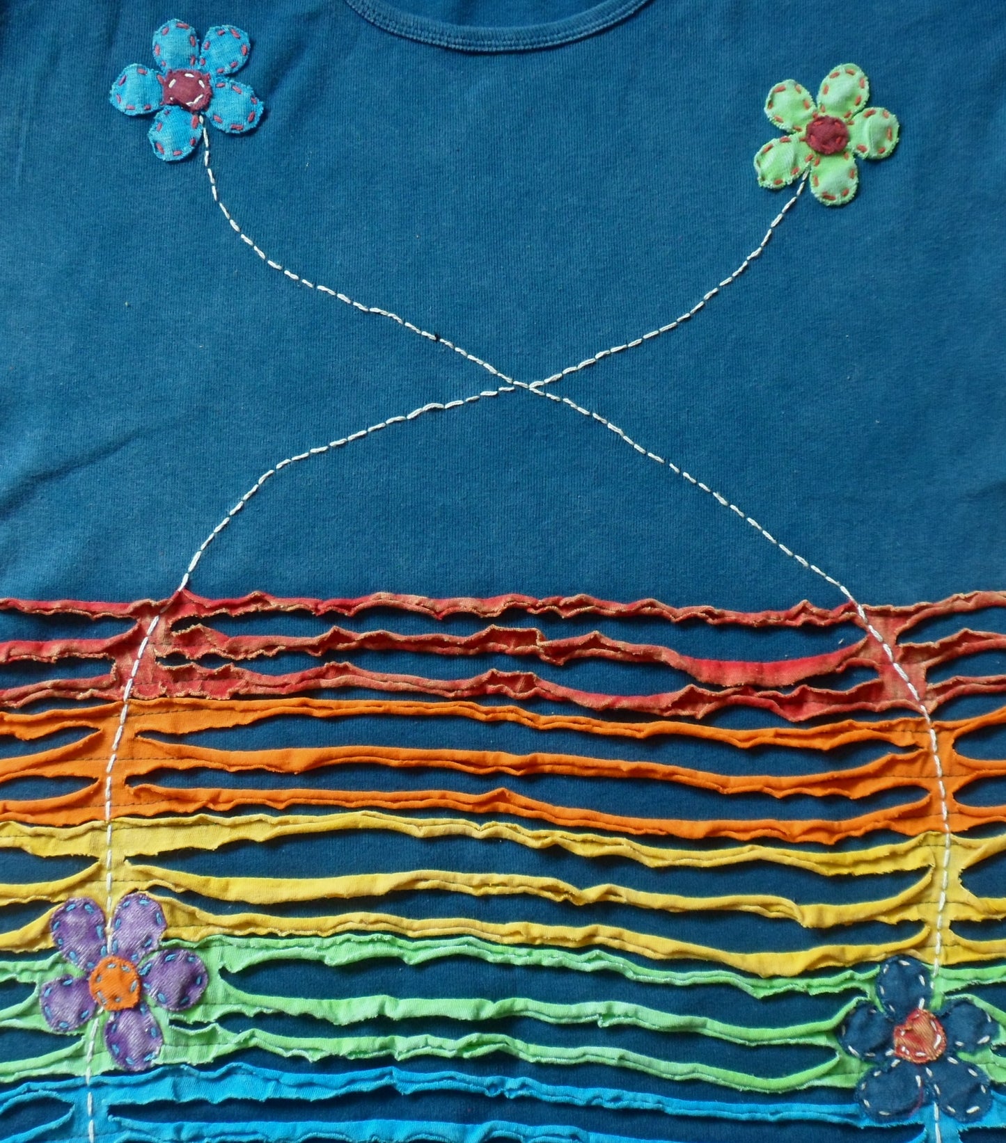 Nepalese Cotton Applique Flower Hippy Festival Rainbow Razor Cut T-Shirt Top