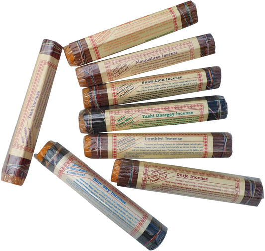 Main image of pack of 8 Himalayan Herb Tibetan incenses imported from and handmade in Nepal. Each pack comes with a small wooden incense burner. Includes Blue Sky, Dorje, Lumbini, Manjushree, Snow Lion, Tashi Dhargey, Yaan & Zhempo Incenses.
