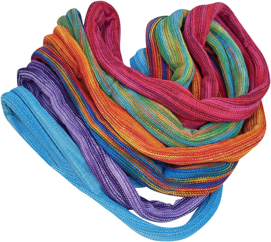 Long double wrap hair bands. Pretty multi colour space dye effect cotton. Made with stretch cotton these seamless Headbands wrap around the Head twice. Available in lots of different colours.