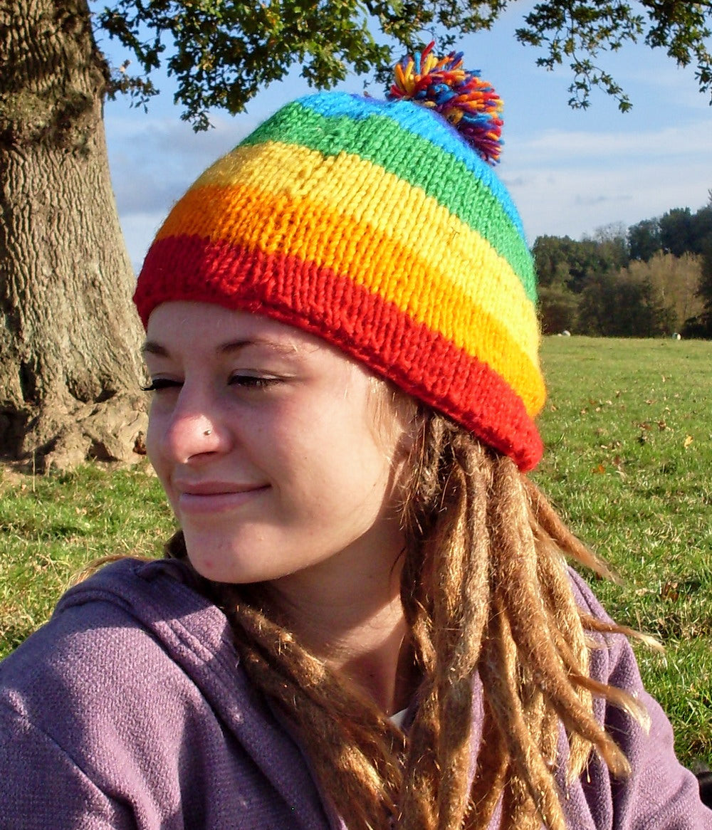 Fair Trade Fleece Lined Rainbow Stripe Wool Hat Beanie Skate Hippy Boho Festival