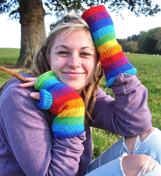 Main image of rainbow striped fingerless tube gloves or wrist warmers. Fleece lined for warmth & comfort.