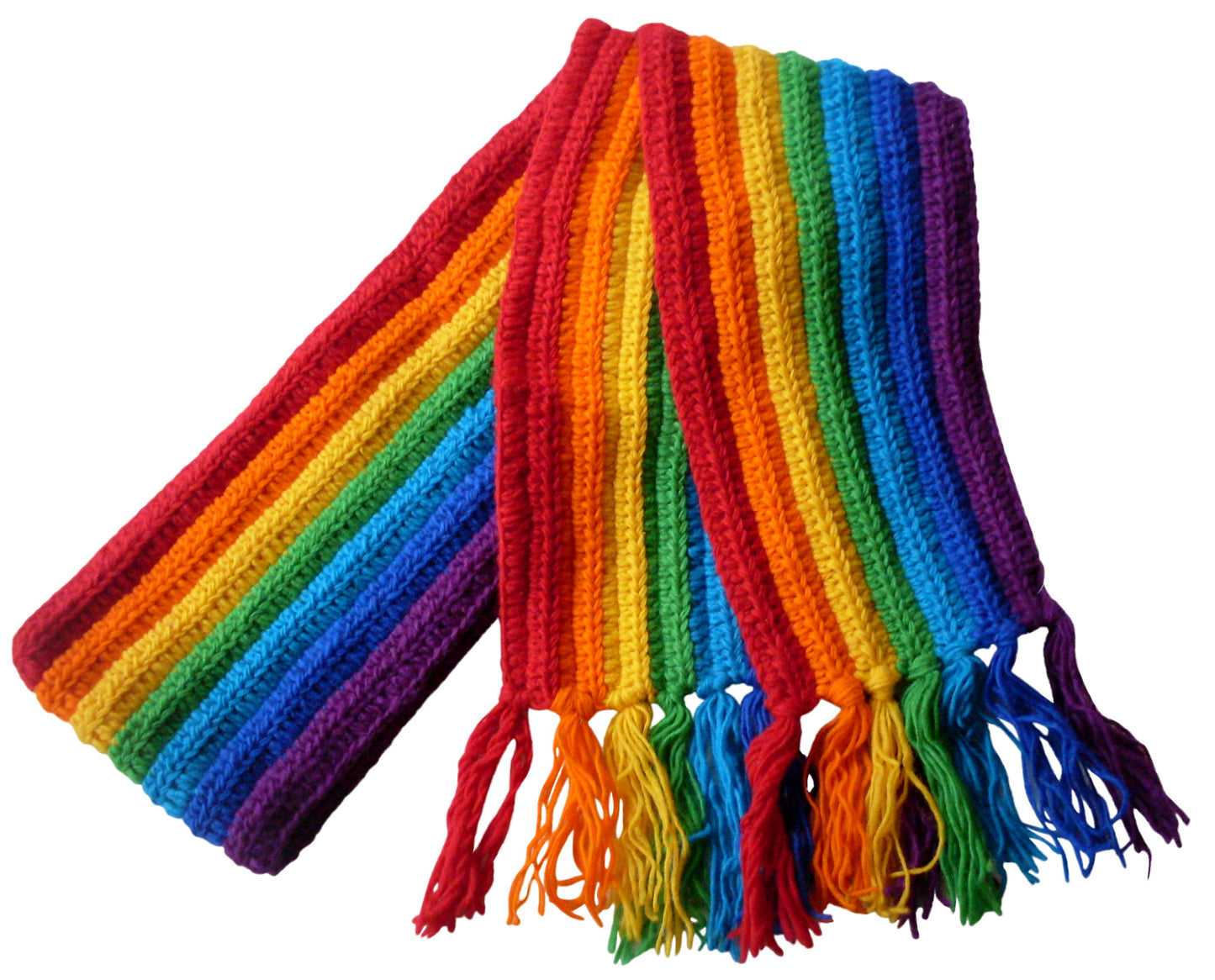 Main image of rainbow striped wool scarf with tassels. Hand knitted in Nepal.