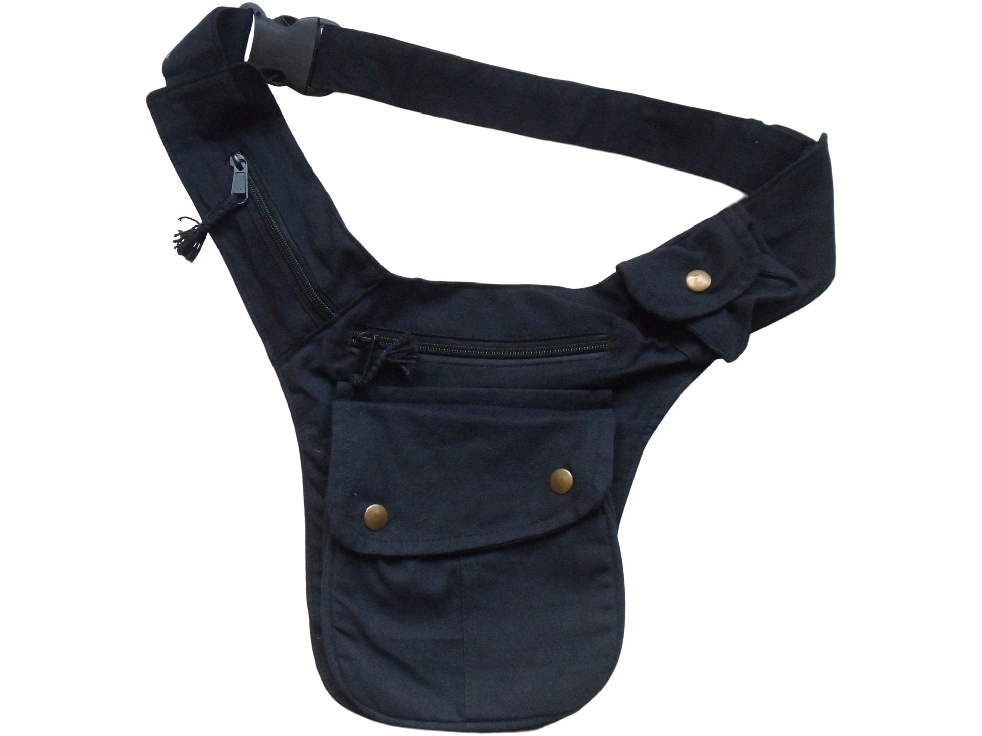 Main image – Handmade Black Utility Belt with adjustable waist strap. 100% good quality heavy duty cotton & 1/2 lined pockets. 7 pockets in total with either zip or press stud fastenings. Great for Outdoor Events, Festivals, Fishing, Tourism & Travel.