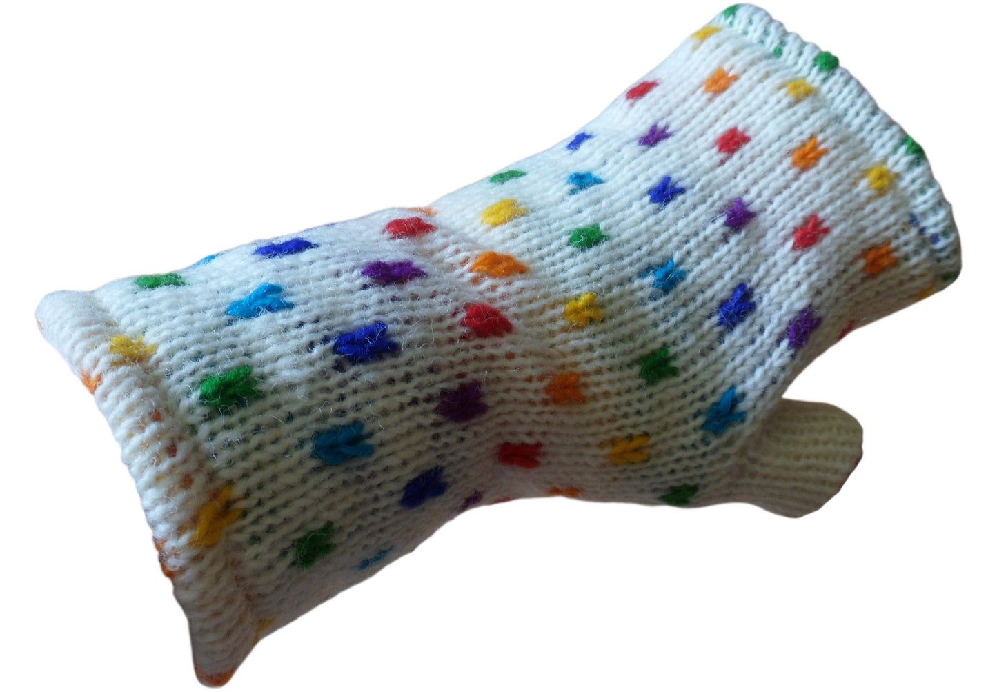 Rainbow/White Fleece Lined Wool Hippy Boho Tube Fingerless Gloves Wrist Warmers