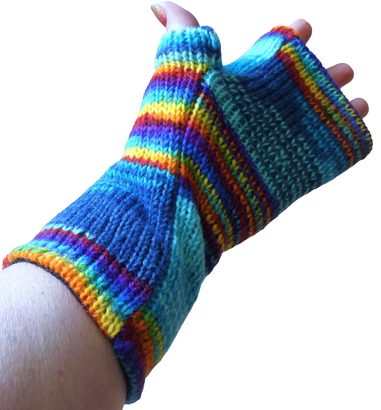 Wool Rainbow Mix Fleece Lined Hippy Boho Tube Fingerless Gloves Wrist Warmers