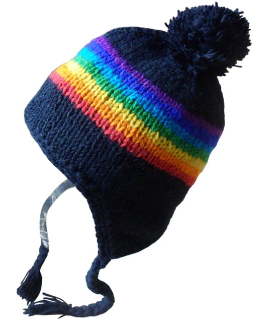 Main image of fleece lined black earflap hat with central rainbow bands around the circumference. Hand knitted in Nepal. One size. 