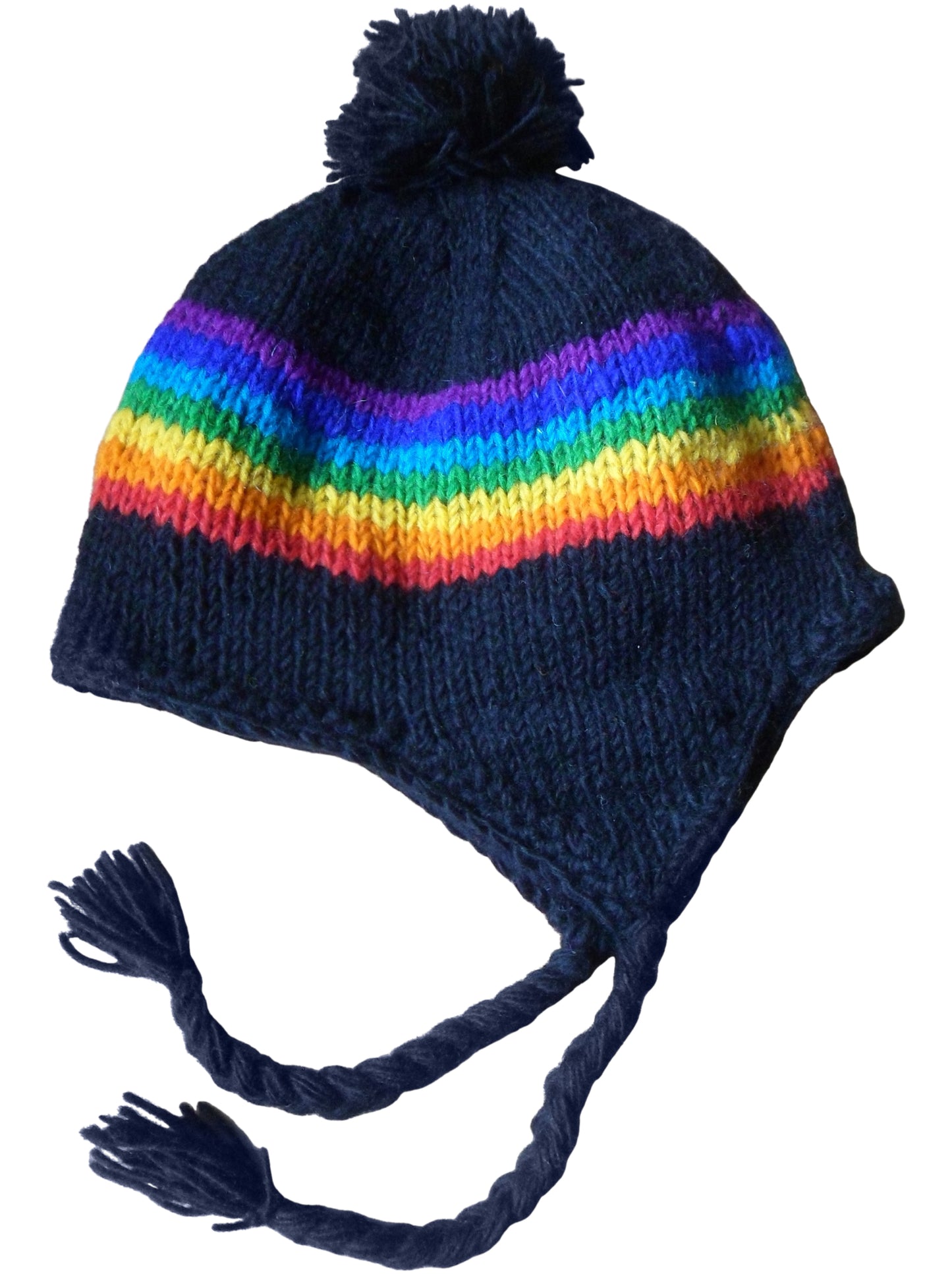 Fair Trade Fleece Lined Rainbow/Black Wool Earflap Hat Ski/Skate Hippy Festival