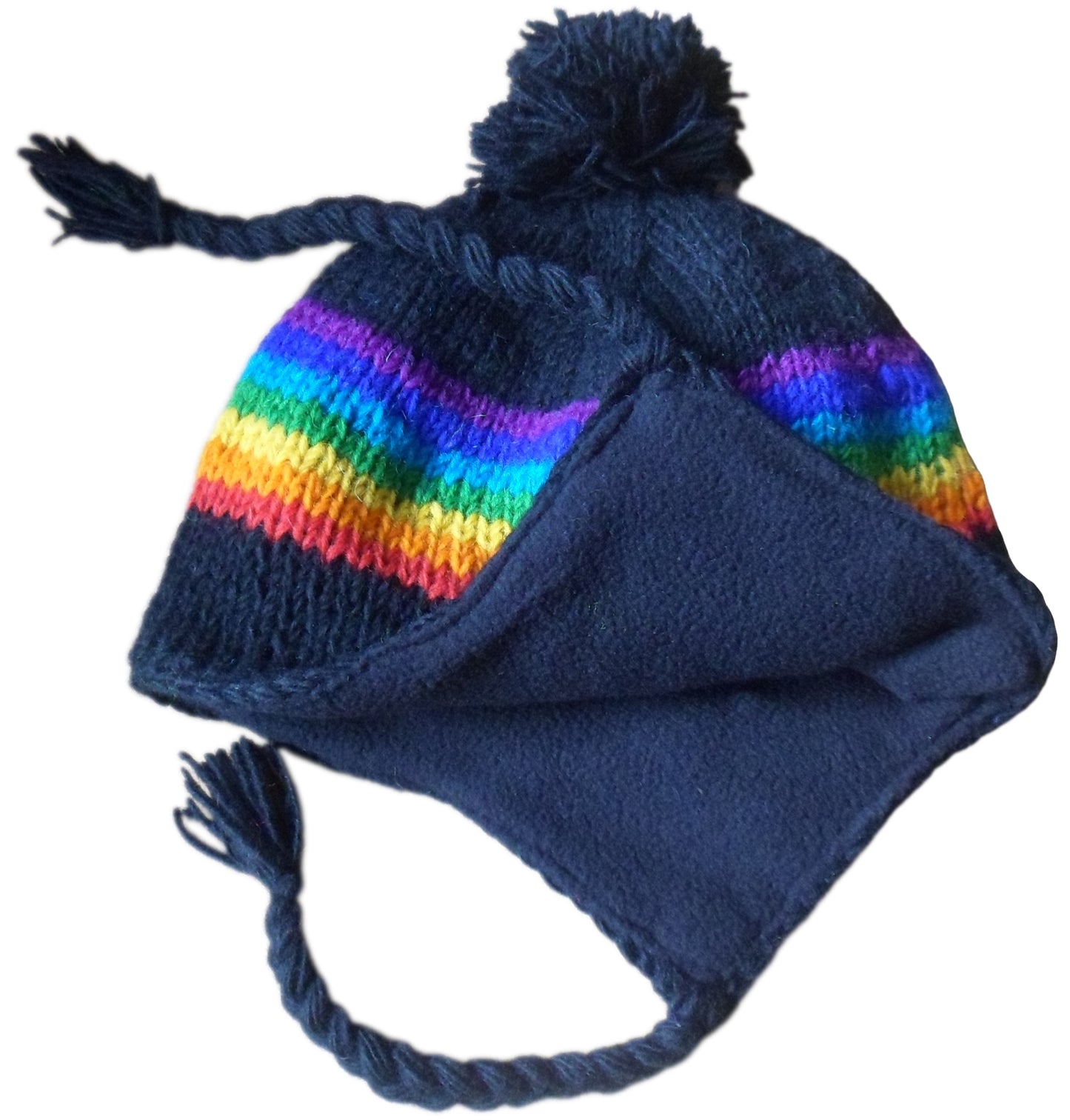 Fair Trade Fleece Lined Rainbow/Black Wool Earflap Hat Ski/Skate Hippy Festival