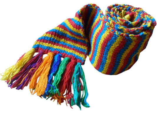 Main image of red, yellow, blue striped wool scarf with tassels. Hand knitted in Nepal.